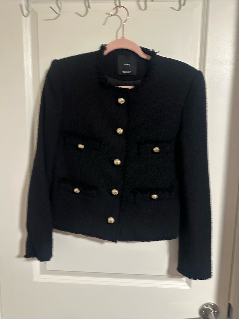 Mango Black Tweed Buttoned Collarless Jacket with Gold Buttons